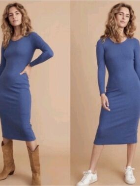 Marine Layer Lexi Rib Long Sleeve Midi Dress in Blue